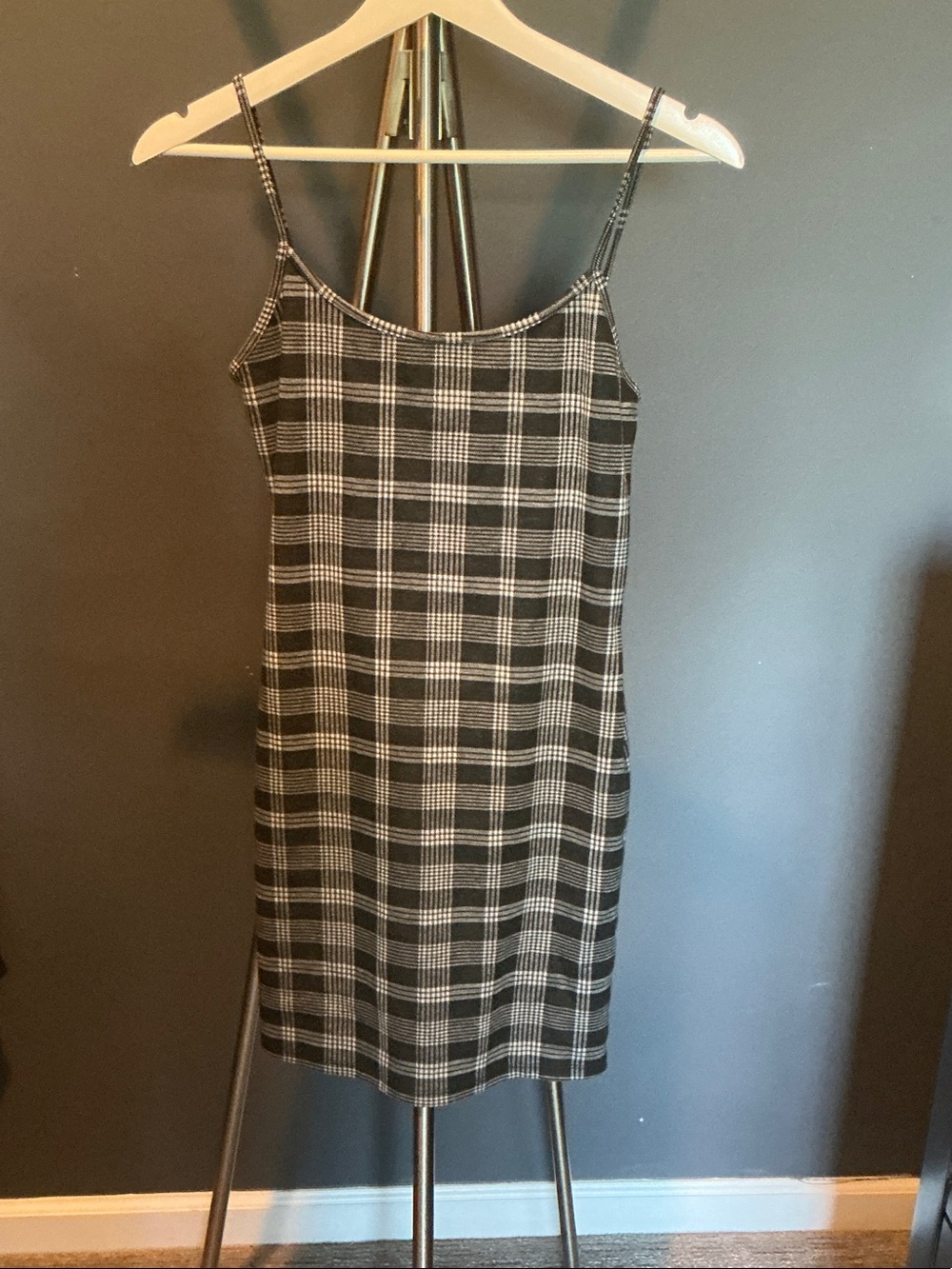 Checked Spaghetti Strap Midi Dress in Black & White